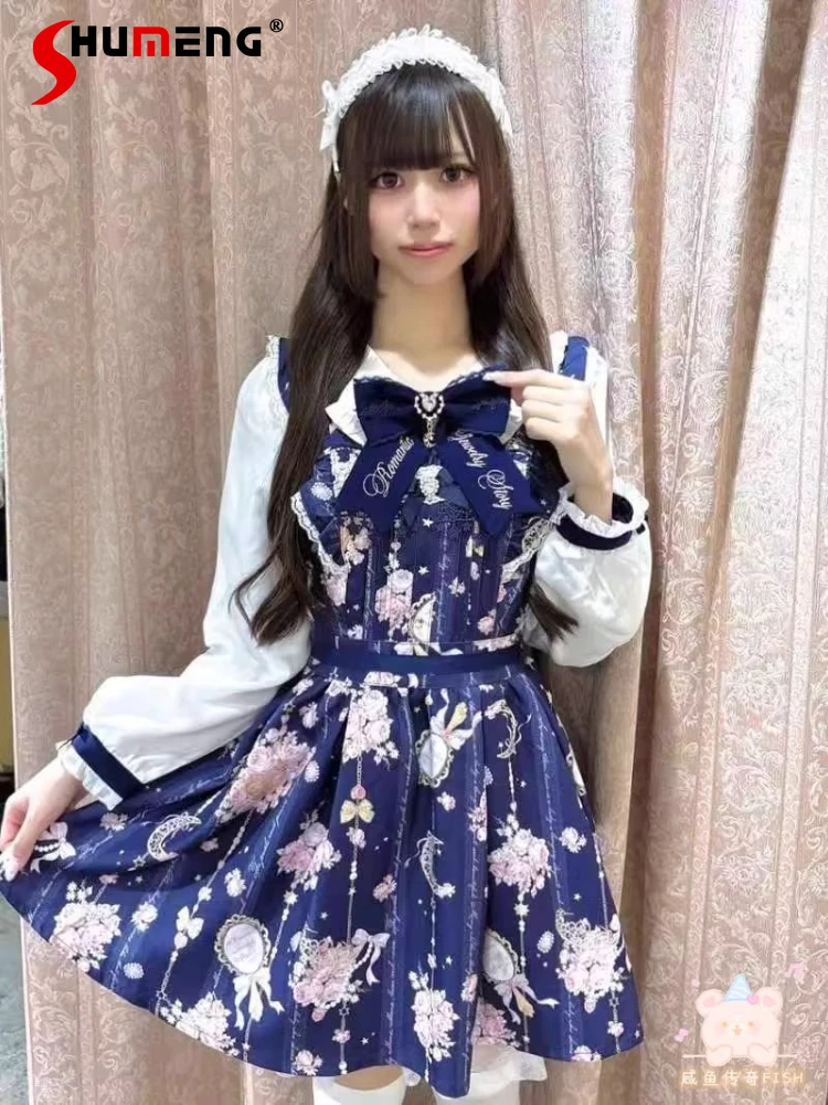 Japanese Style Mass-Produced Liz Dress Doll Collar Bow Long Sleeve High Waist Lace-up Slim Sweet Cute Printed Lolita Dress Women