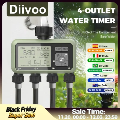 Diivoo Water Timer 4 Zone Garden Programmable Automatic Irrigation Timer with Rain Delay Manual/Auto Mode Watering for Lawn Yard