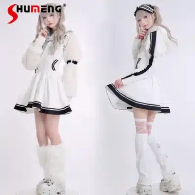 Mine Subculture Punk Lolita Sports Hoodies Dress Autumn Y2k Hooded Long-sleeved Dress for Women Japanese Gothic Mini Dress Op