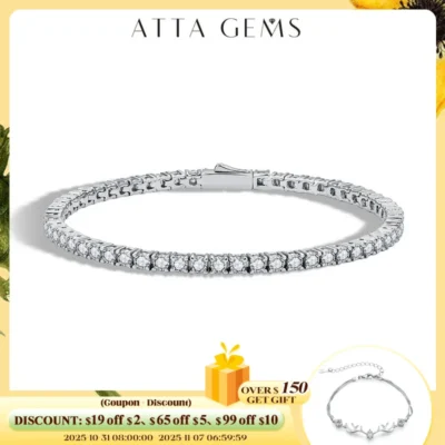 ATTAGEMS D Color Round Cut 5.0 4.0mm Moissanite Tennis Bracelet for Women Man Real 925 Sterling Silver Pass Diamond Tester Gift