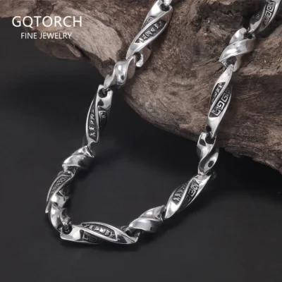 925 Sterling Silver 5mm Retro Six Words Mantra Twisted Chain Bracelet Necklace for Men Lobster Clasp Vintage Punk Male Jewelry