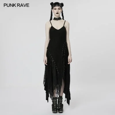 PUNK RAVE Women's Gothic Irregular "pointed Shape" Decadent Slip Dress Punk Personality Sexy Eyelets Invisible Zipper Long