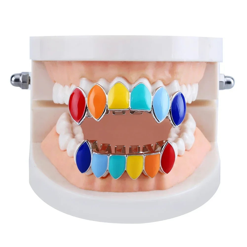Rainbow Gold Silver Hip Hop Teeth Grillz Set Top & Bottom Dental Mouth Grills for Cosplay Party Punk Style Body Jewelry Gift