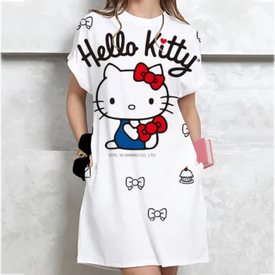 Hello Kitty print Dress Women Cartoon Short Sleeve O-Neck T-shirt Dress Fashion Cute Sleeping Skirt Daily Basic Dressing