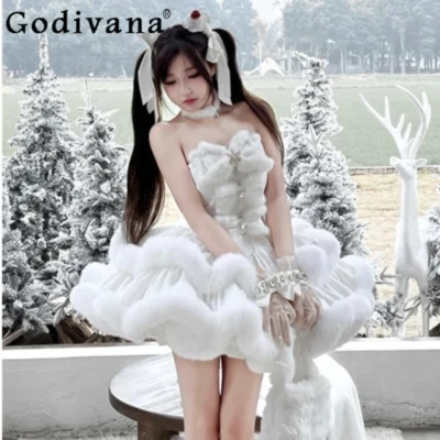Christmas White Lolita Plush Warm Dress Winter Girls Sweet Elegant Off-Shoulder Dress Women Anniversary Birthday Party Dresses