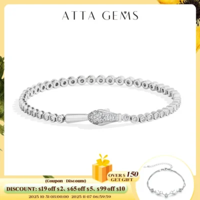 ATTAGEMS Original Snake Lock Tennis Bracelets S925 Sterling Silver Round Cut Moissanite Bracelet For Women Men Certified Jewelry