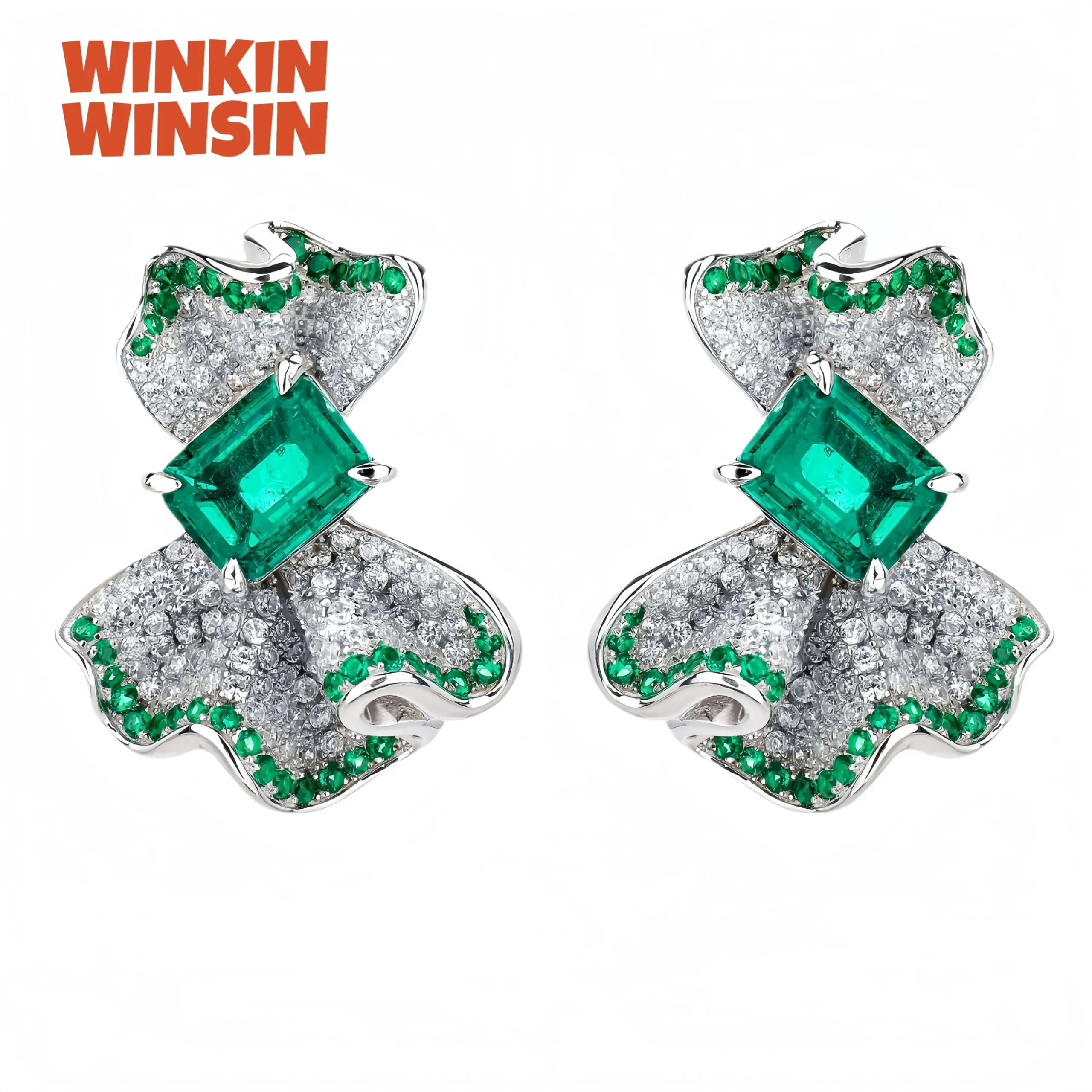 WINKIN WINSIN Brand MST Sterling Silver Bowknot Emerald Earring Lab Grown Gemstones High Carbon Diamond Stud Earrings Jewelry