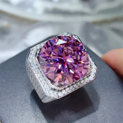 Huge Pink 20Ct D Color Moissanite Diamond Ring 100% Real 925 Sterling Silver Party Wedding Band Rings for Men Engagement Jewelry